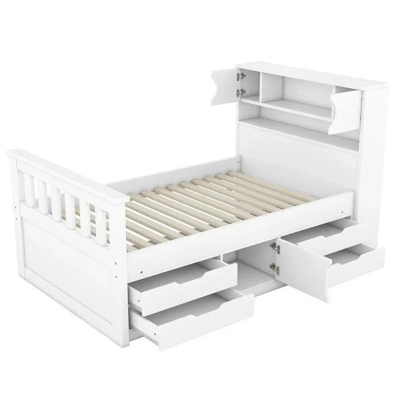 Letto a piattaforma Captain singolo/matrimoniale con 4 cassetti e ripiani contenitori, struttura in legno massello con testiera libreria contenitore
