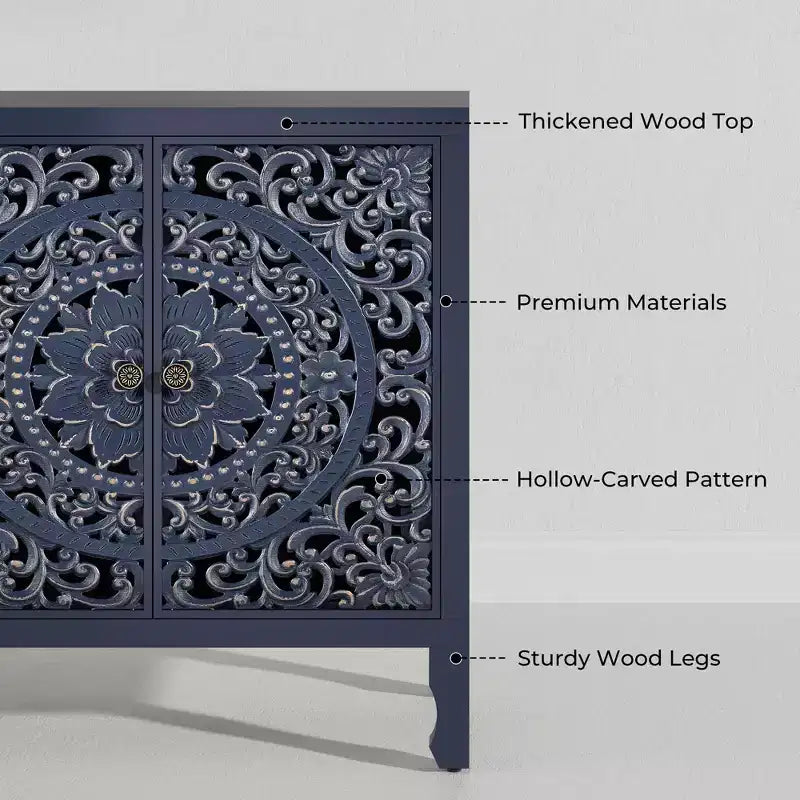 Credenza con contenitore, mobile contenitore dall'aspetto vissuto con 4 ante intagliate e ripiano regolabile, credenza decorativa in legno