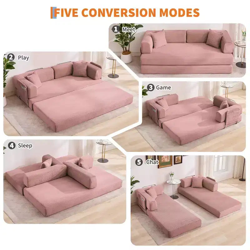 Modernes 79-Futon-Schlafsofa aus Cord für kleine Räume, 5-in-1-Couch mit abnehmbaren Armlehnen und Kissen
