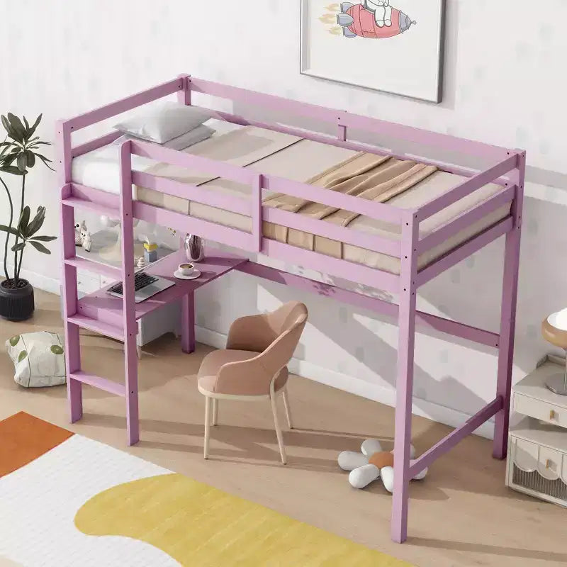 Lit mezzanine minimaliste Okak avec échelle, lit mezzanine pour lit simple en bois d’hévéa avec garde-corps de sécurité et bureau intégré, cadre de lit pour enfants et adolescents
