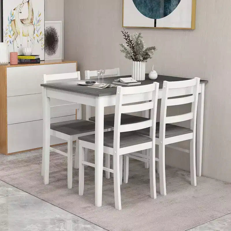 Costway 5-delige eetkamerset van massief hout, keukenmeubels met rechthoekige tafel en 4 stoelen, naturel/koffiekleur/grijs