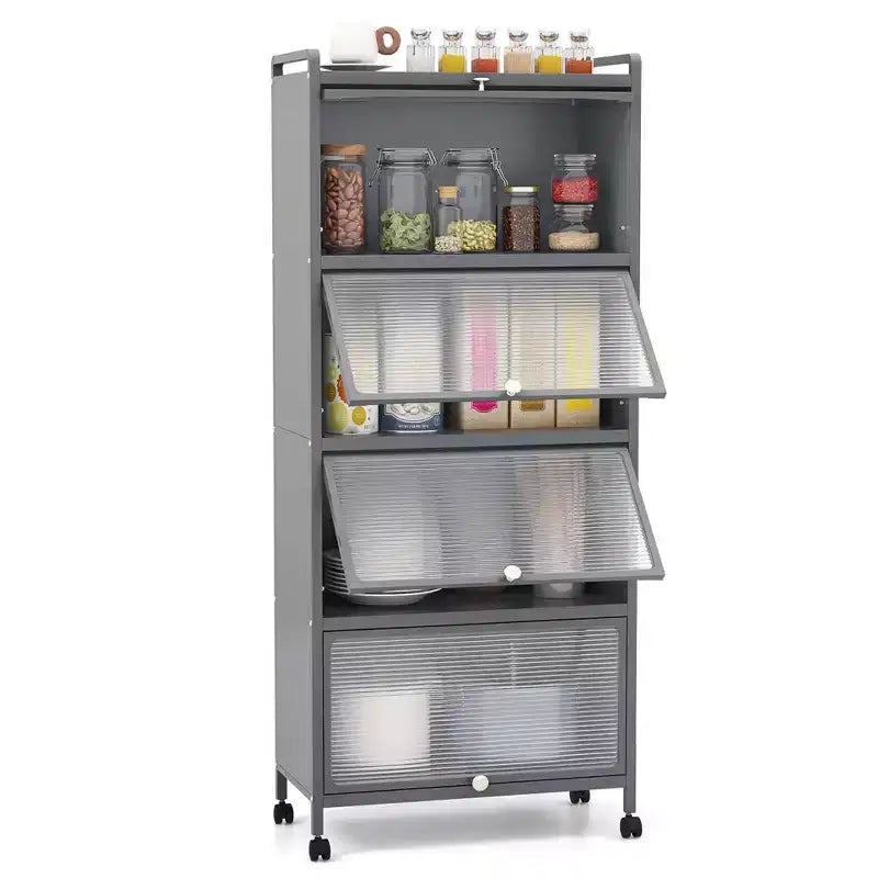 Costway 5-stufiges Küchenregal mit Schrank, rollbarem Mikrowellenständer und Klapptüren, Weiß/Schwarz/Grau/Grün