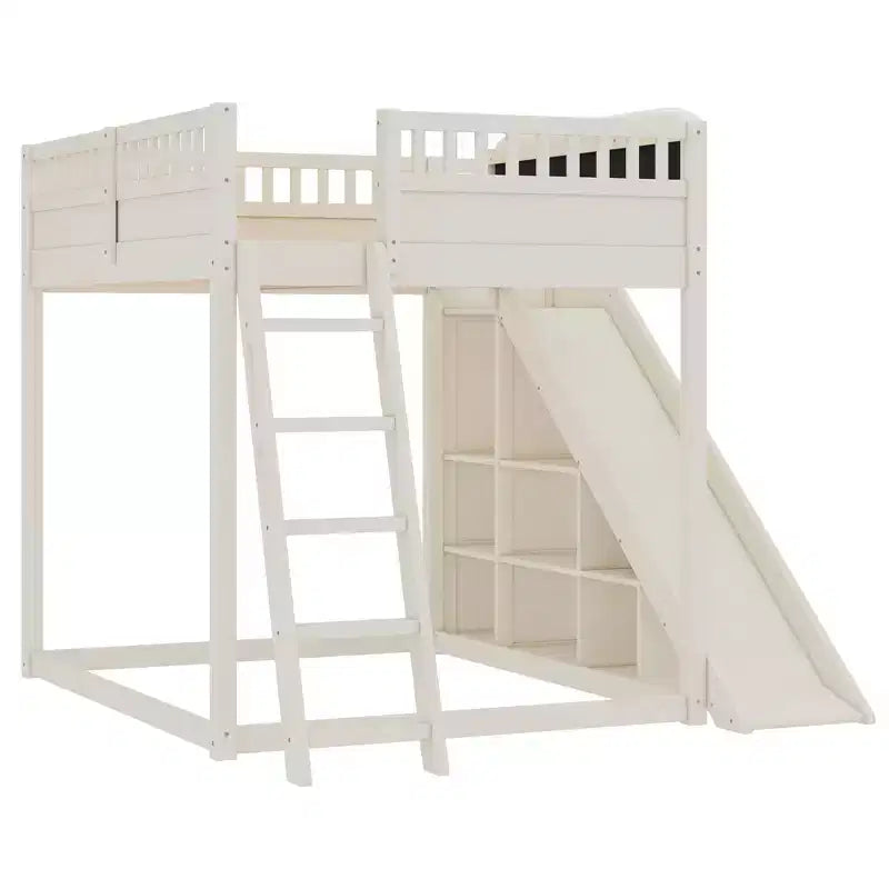 Lit mezzanine Bellemave avec tête de lit rembourrée et étagères de rangement, cadre en bois massif avec échelle et toboggan pour enfants