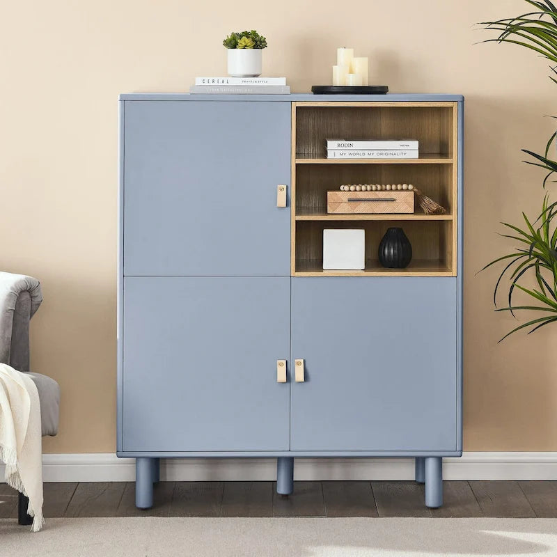 Multifunktionaler Aufbewahrungsschrank mit Tür, modernes Sideboard, Aufbewahrungsschrank aus Holz, Schubladenschrank mit Ledergriffen
