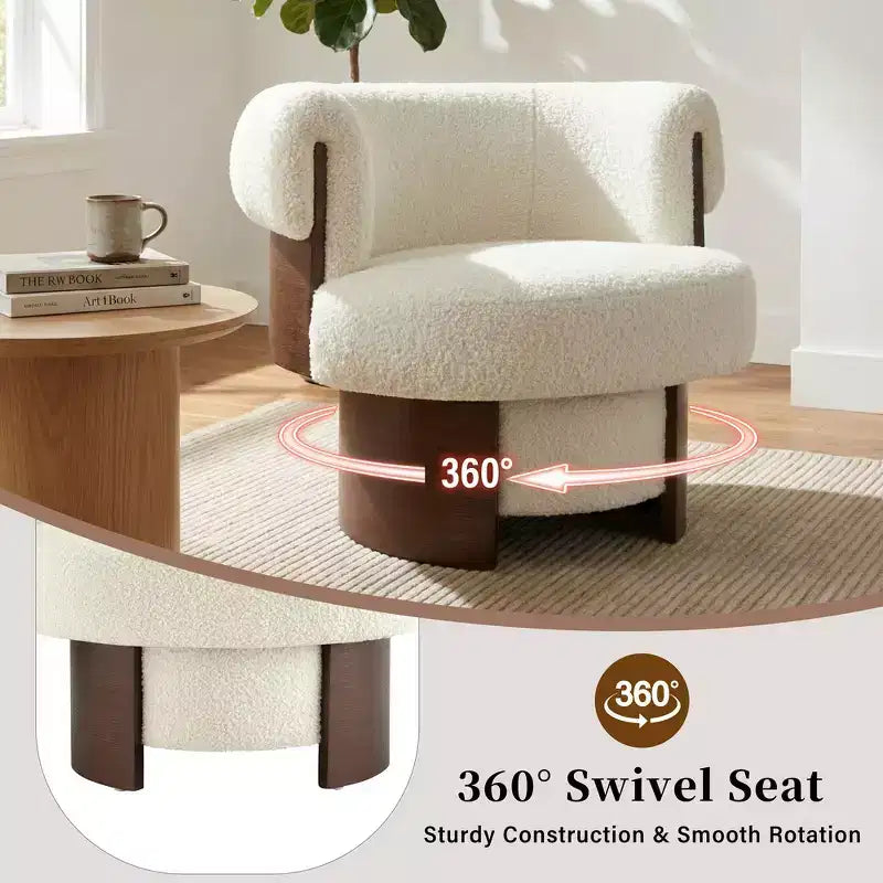 Whisen 360° draaibare kuipstoel met sculpturaal gebogen houten ontwerp, massief houten frame, 32 inch breed, veelzijdig voor woonkamer en slaapkamer