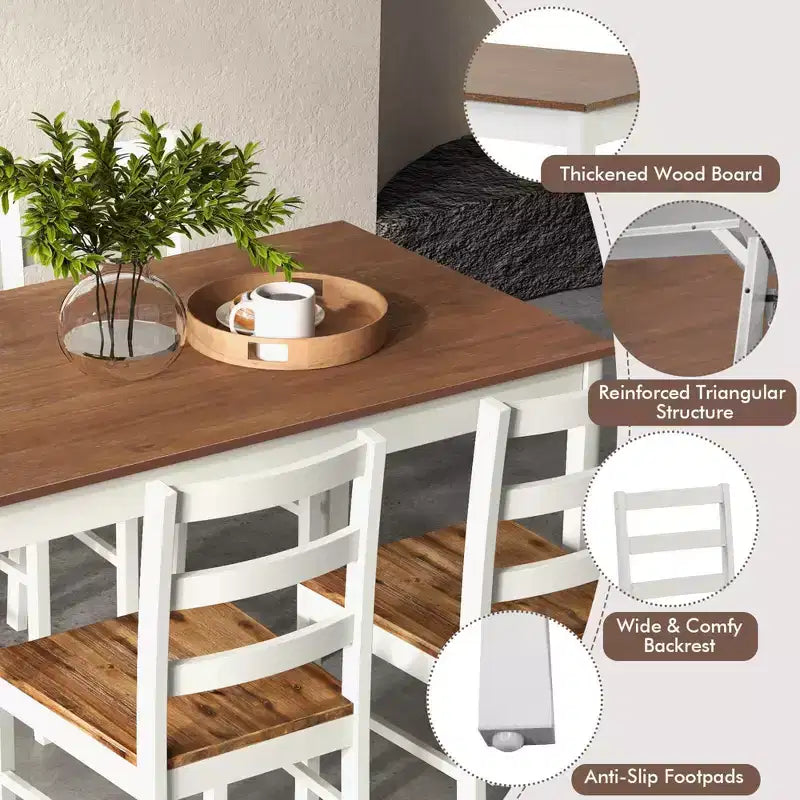 Costway 5-delige eetkamerset van massief hout, keukenmeubels met rechthoekige tafel en 4 stoelen, naturel/koffiekleur/grijs
