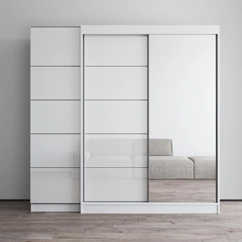 Armoire à 2 portes avec miroir et façade en verre, pour 2 personnes (gris / noir / blanc)
