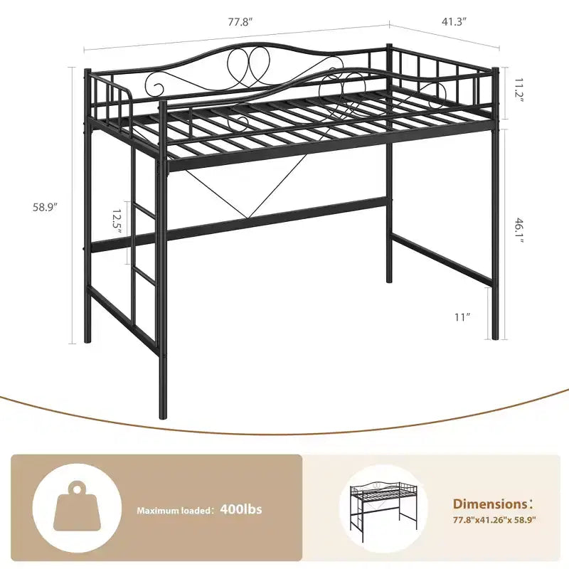 Hochbett in Einzelbettgröße mit abnehmbarer Leiter und umlaufendem Schutzgeländer, robustes Metallgestell, Belastbarkeit 400 lbs, platzsparend