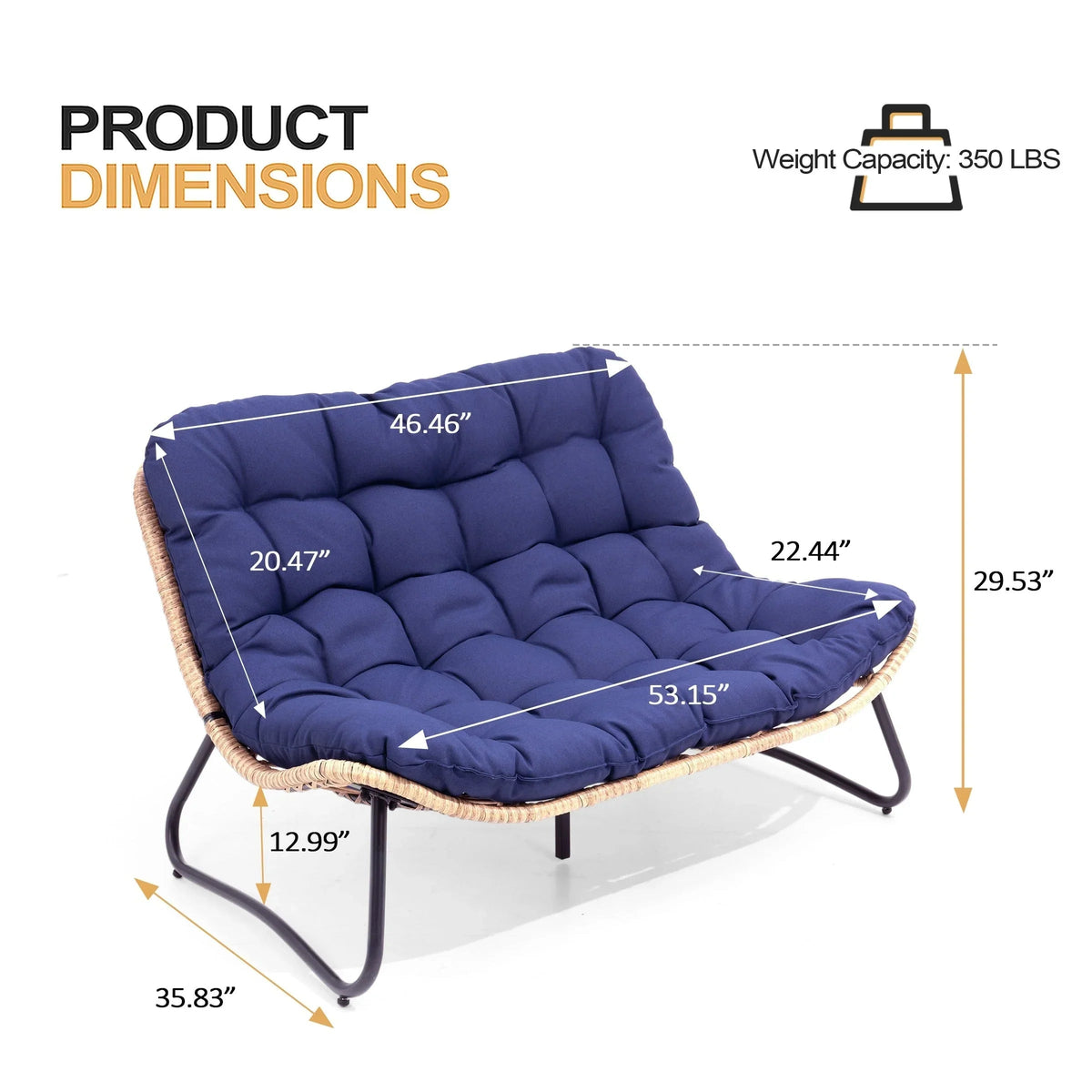 Double Papasan Chair Loveseat with Cushion, All-weather PE Rattan and Metal Frame for Indoor Outdoor