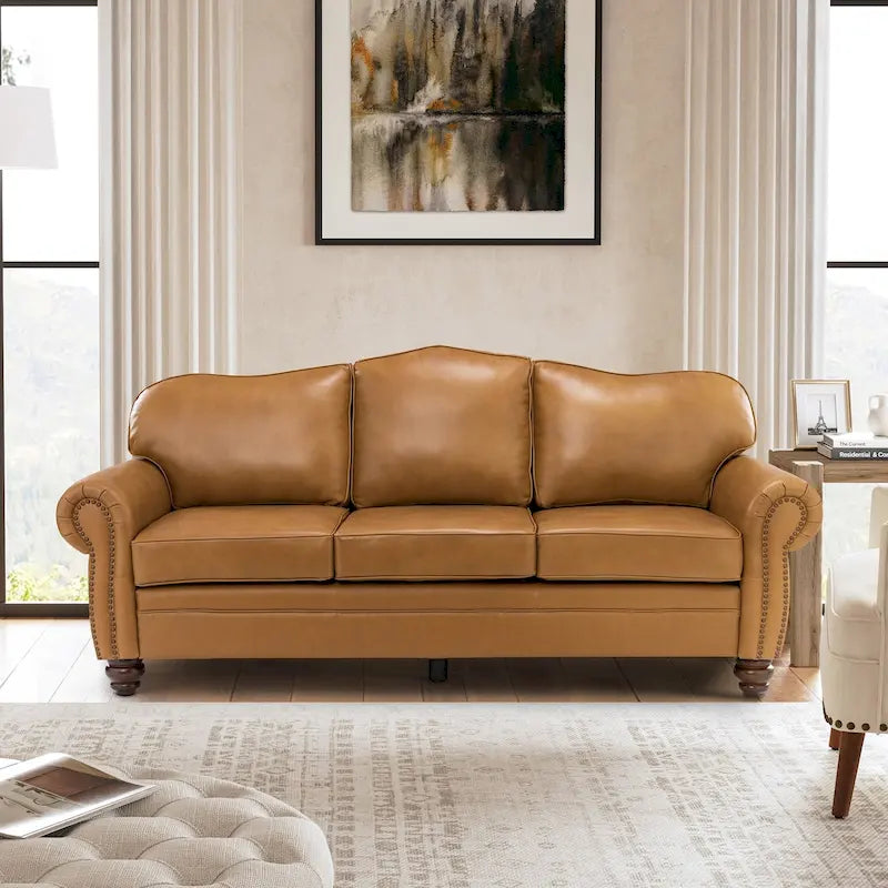 Balvino Sofa mit 81 cm Breite, im Übergangsstil, aus echtem Leder, mit gerollten Armlehnen, Nagelkopfbesatz und abnehmbaren Kissen