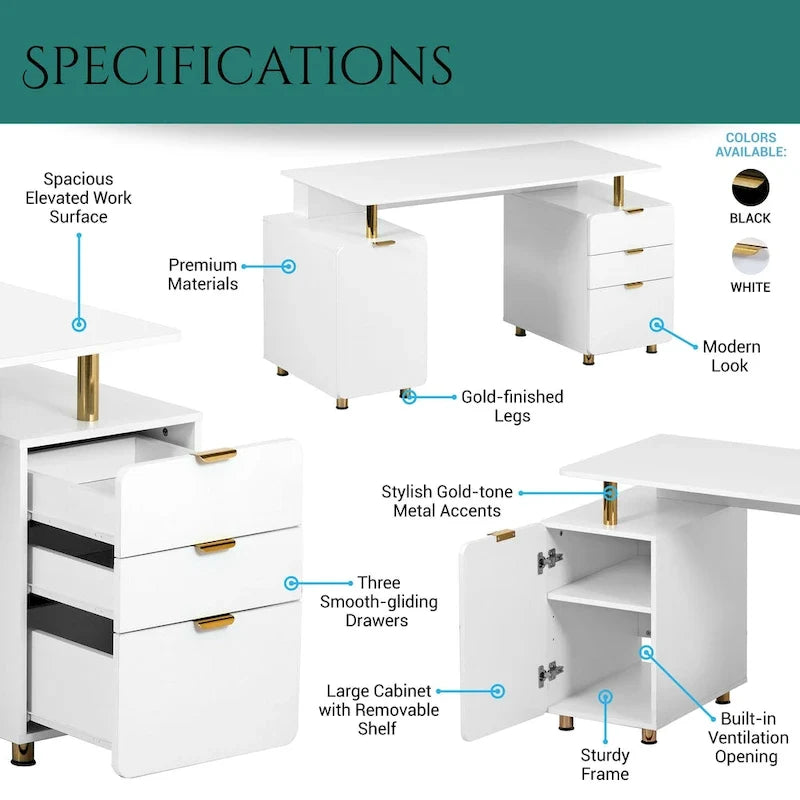 Modern Executive Floating Desk with 3 Drawers & Sleek Work Surface