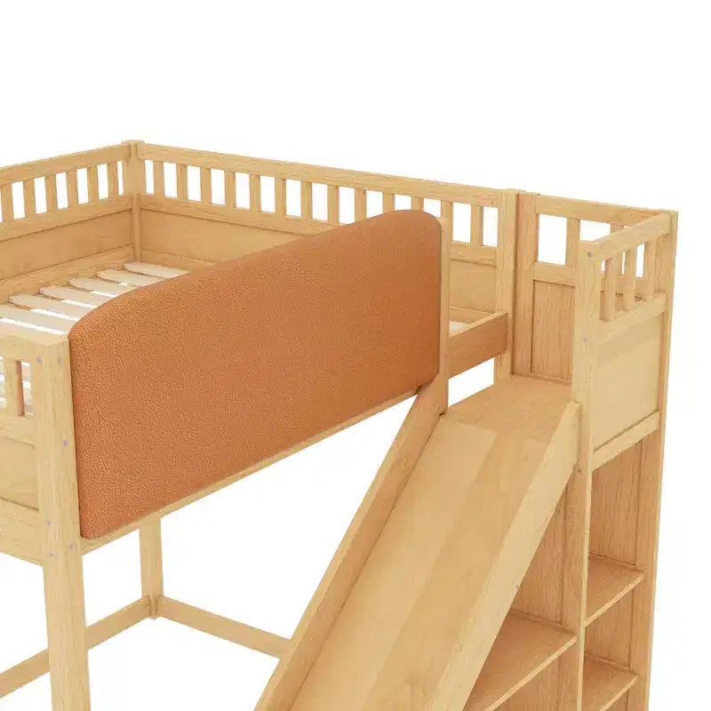 Lit mezzanine Bellemave avec tête de lit rembourrée et étagères de rangement, cadre en bois massif avec échelle et toboggan pour enfants