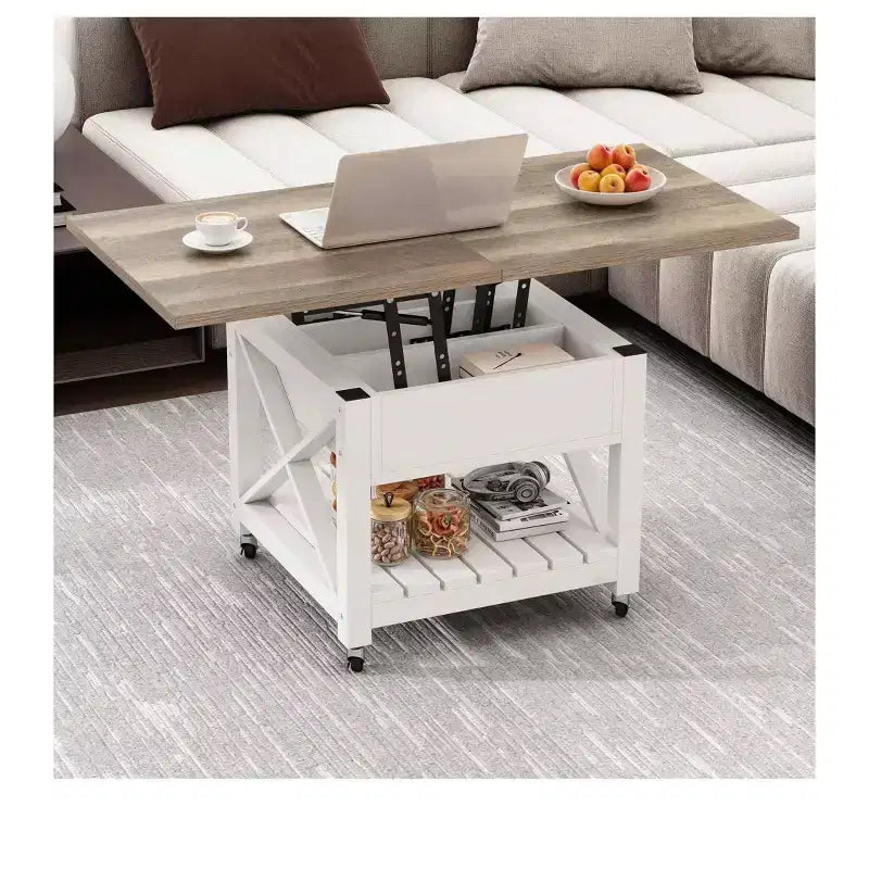 Table basse carrée 3-en-1 à plateau relevable, avec roulettes et tabourets, table à manger multifonction à 2 niveaux avec rangements cachés et ouverts, pour salon et salle à manger