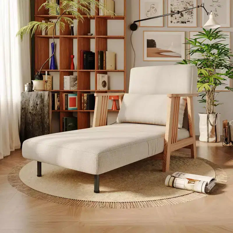ATJafurn poltrona d'accento trasformabile imbottita in tessuto, sedia futon con struttura in legno massello e chaise longue letto per camera da letto e soggiorno, beige
