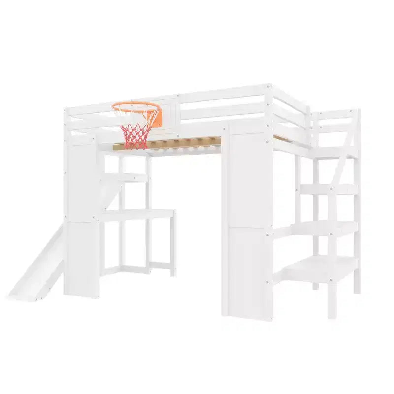 Luxystar großes Hochbett aus Holz mit Schreibtisch, Rutsche, Basketballkorb und Aufbewahrungstreppe für Kinder und Jugendliche