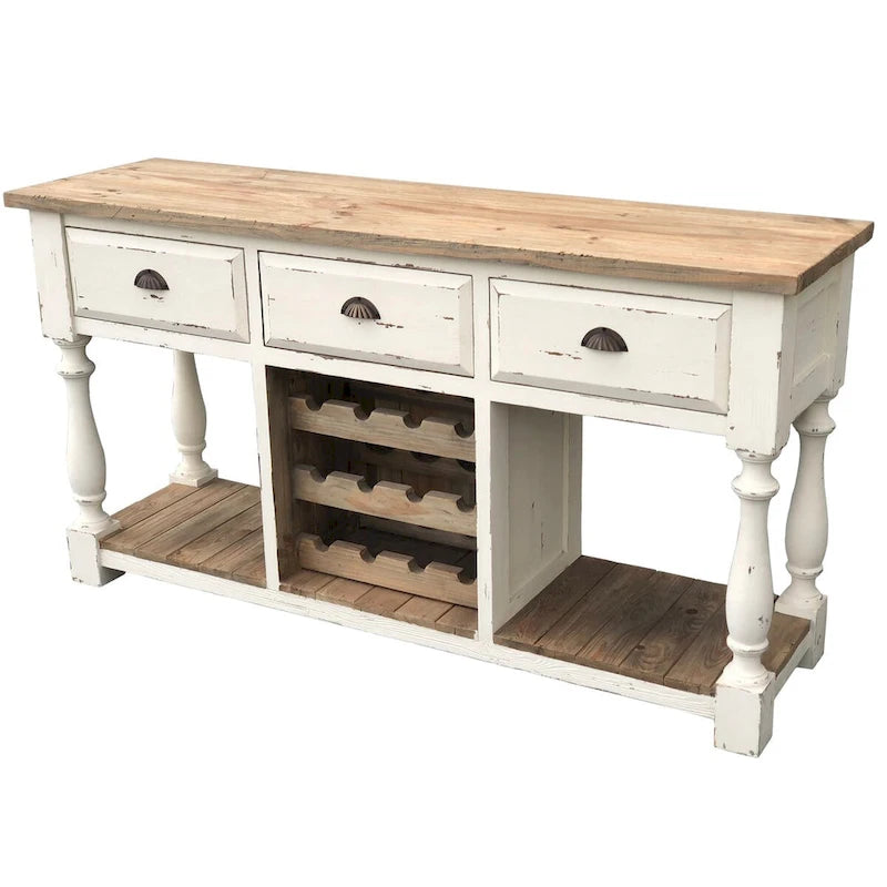 Portabottiglie da consolle stile rustico con finitura bianco gesso e piano naturale