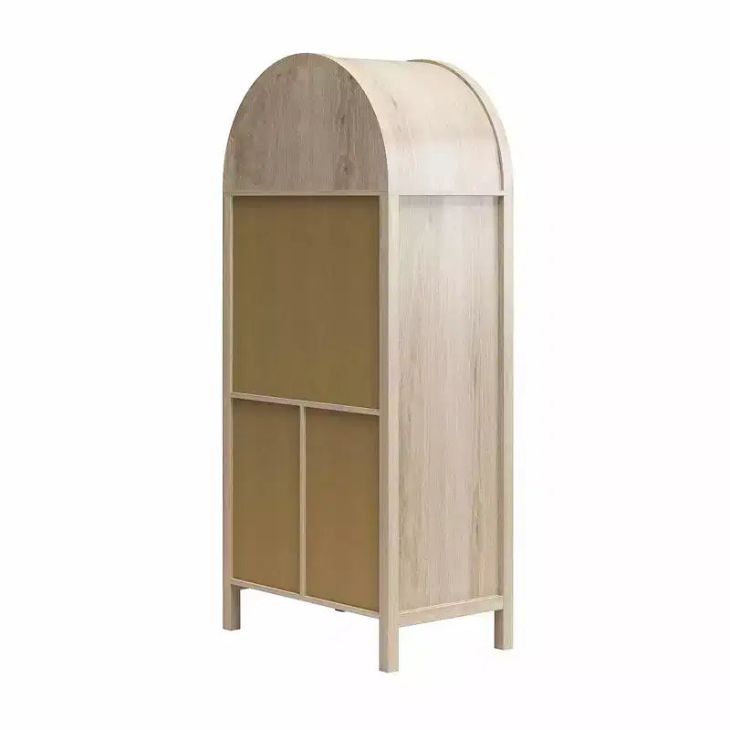 Vitrine bohème à portes cintrées avec 2 portes en faux rotin, 5 étagères réglables pour salon ou cuisine, beige