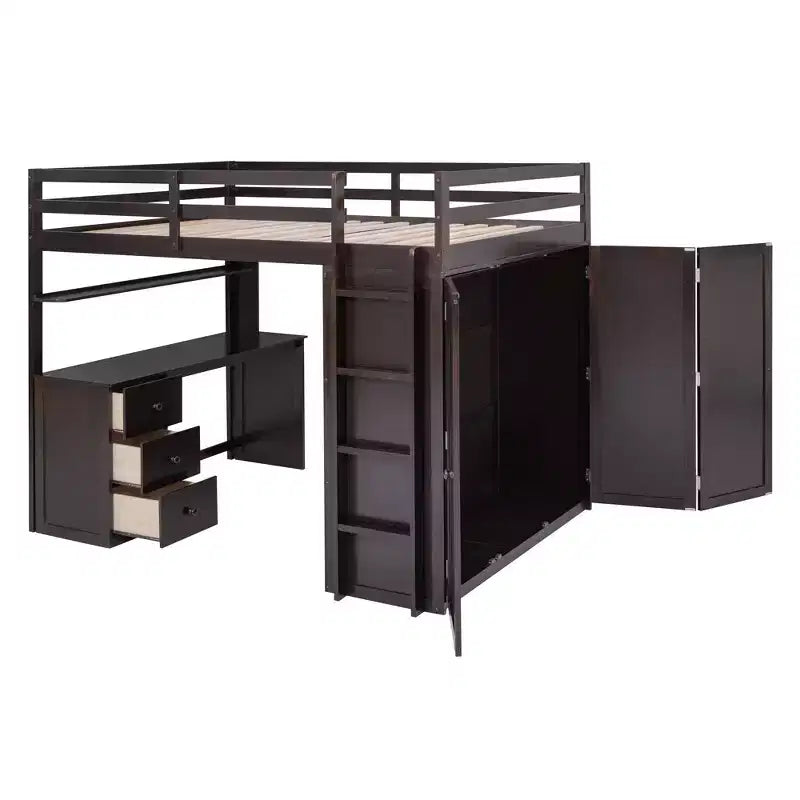 CLIHOME Hochbett in voller Größe mit 3 Aufbewahrungsschubladen, Schreibtisch und Kleiderschrank