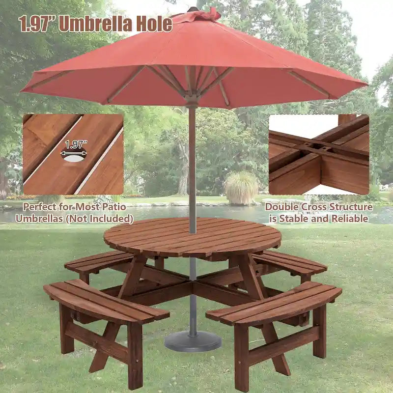 Ensemble de pique-nique rond en bois de sapin pour terrasse extérieure, pour 8 personnes, avec 4 bancs intégrés et un trou pour parasol
