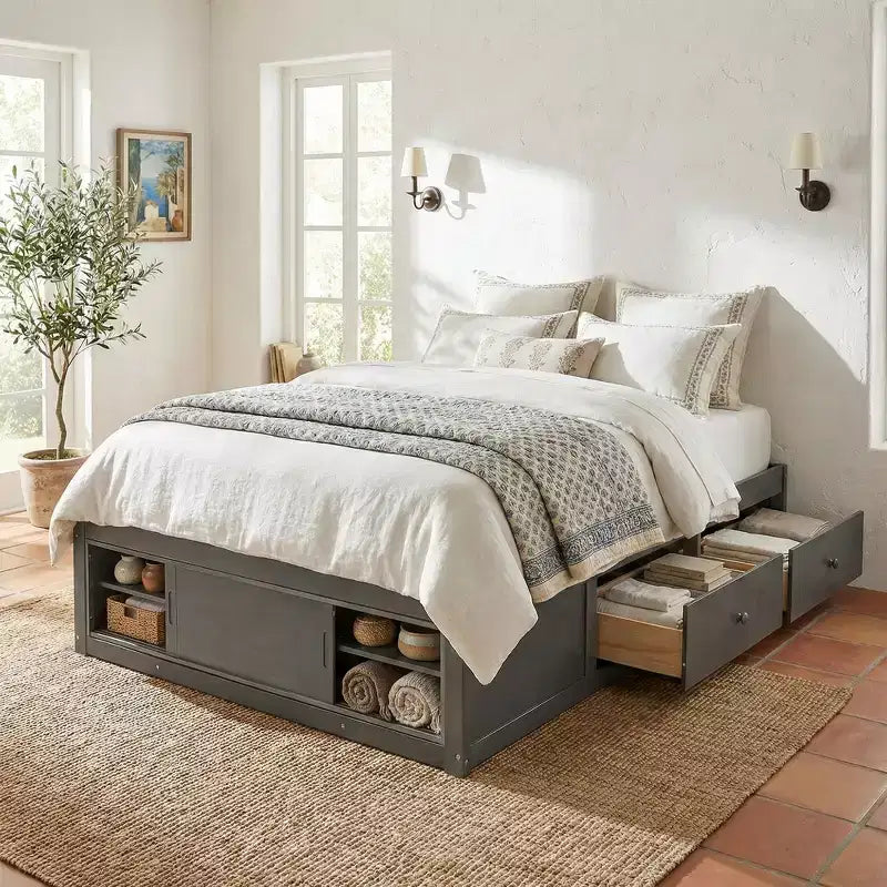 Struttura letto contenitore Whisen Queen con 4 cassetti e vano contenitore nella pediera