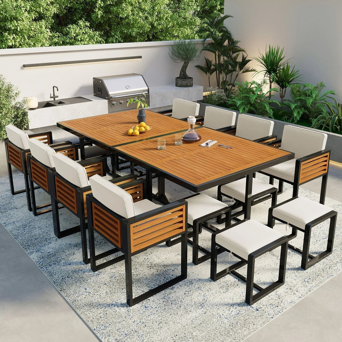 Ensemble repas de patio de 18 pièces en bois d’acacia, 8 chaises rembourrées, 8 poufs et 2 tables carrées