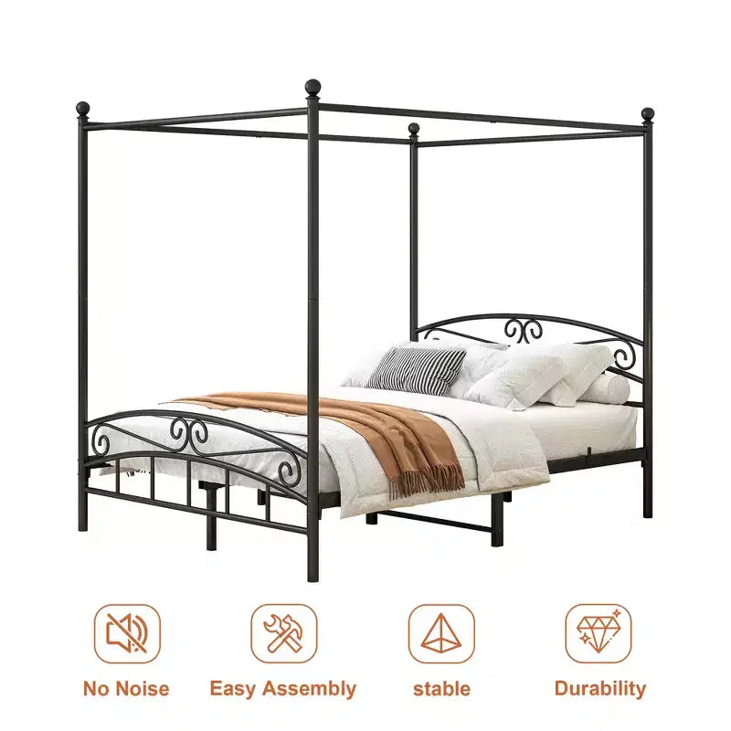 Queen Size Canopy Metal Bed Frame with Vintage Headboard and 12.4 Under-Bed Storage