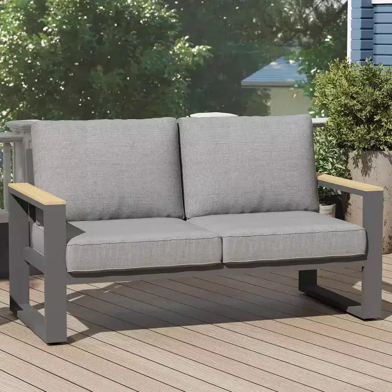 Canapé d’extérieur deux places en aluminium Heynemo, mobilier de patio en métal résistant aux intempéries, canapé de patio pour véranda, cour et jardin
