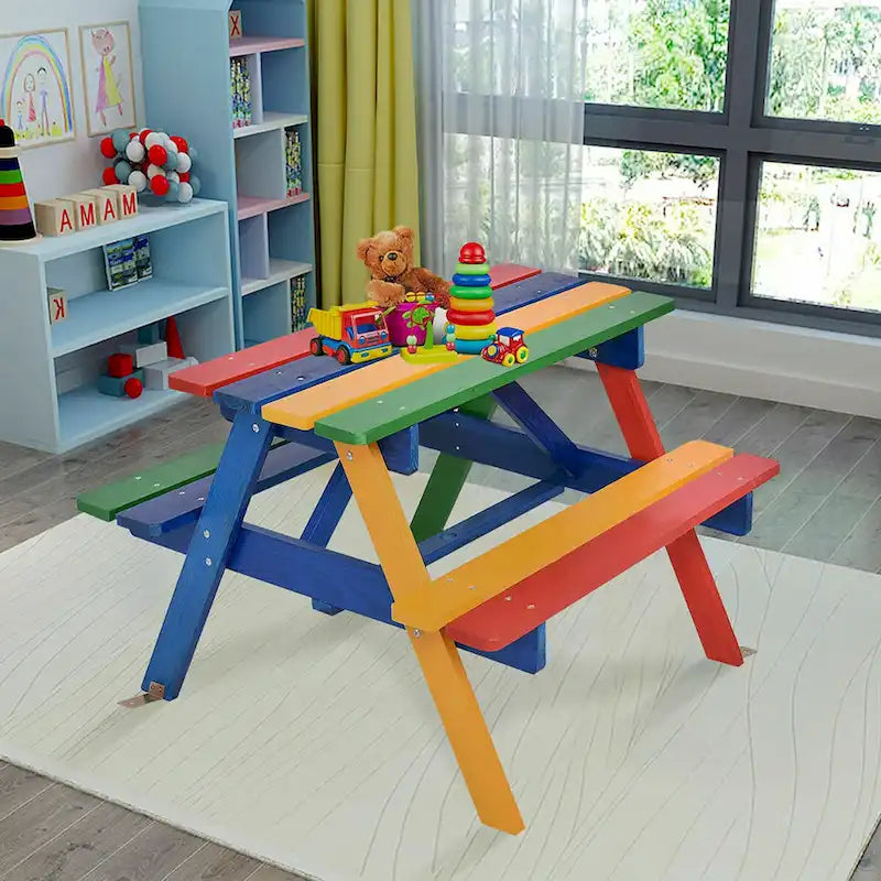 Costway Kinder-Picknicktisch mit 4 Sitzplätzen, Sonnenschirm, für Garten und Hof, klappbar