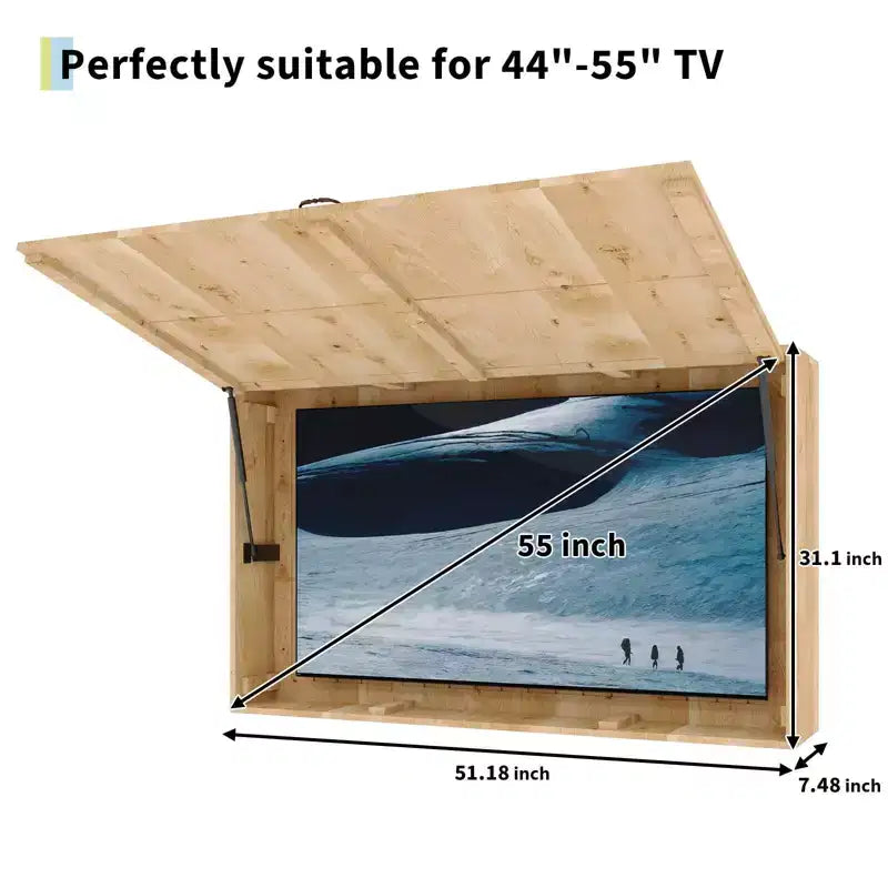 Abri pour téléviseur d’extérieur de 55 in, protection étanche en bois massif avec support réglable 4D et porte rabattable (compatible avec les téléviseurs de 44-55 in)