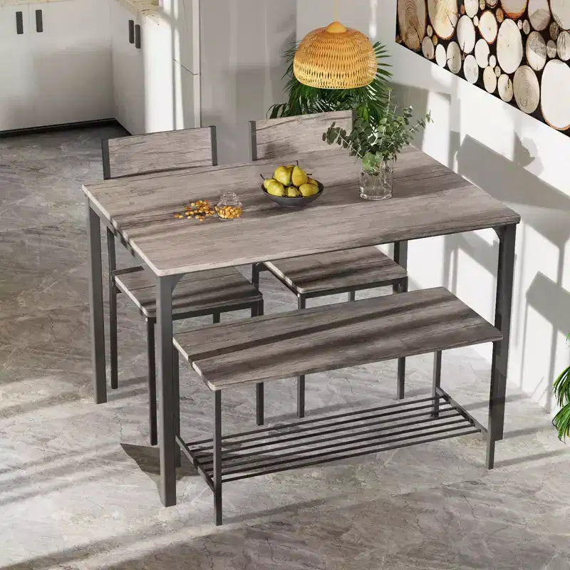 Costway eettafelset met 4 delen, rustieke tafel, 2 stoelen en bank met opbergrek