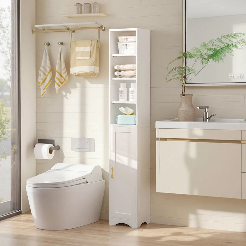 Armoire à linge étroite VECELO de 70.9 pouces de haut pour salle de bains, meuble de rangement autoportant en bois massif à 8 niveaux