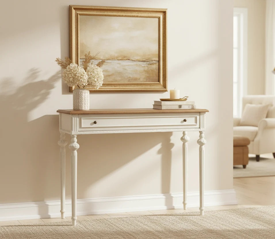 Bureau d’écriture de style provincial français, blanc et chêne, 1 personne, 1 tiroir