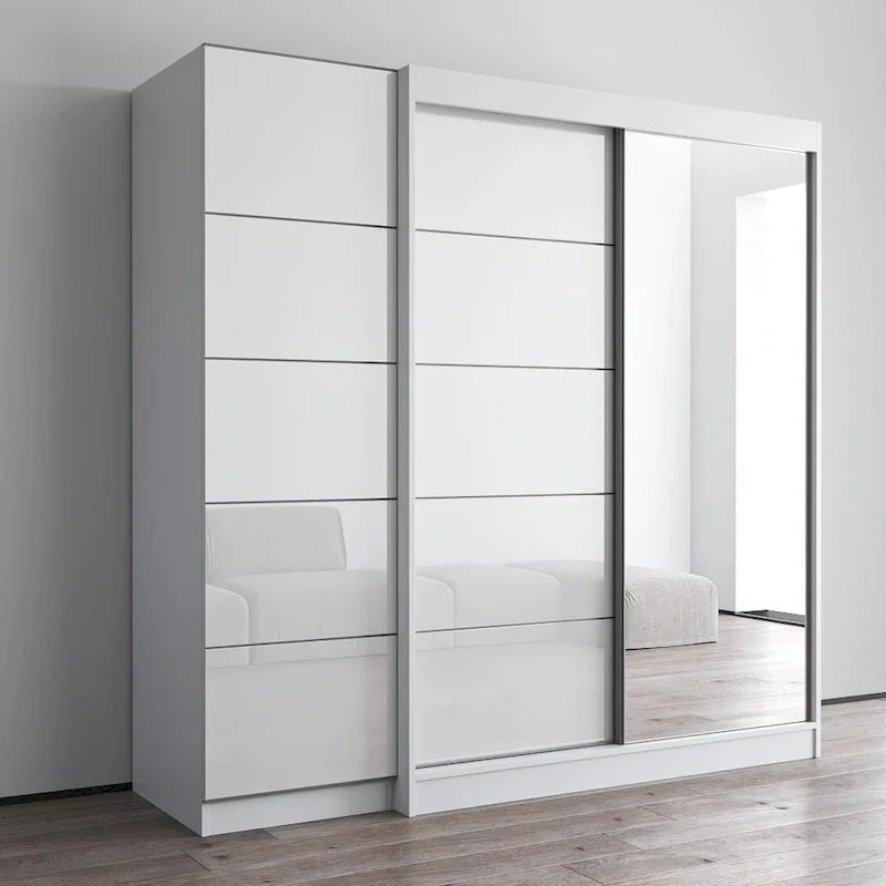 Armoire à 2 portes avec miroir et façade en verre, pour 2 personnes (gris / noir / blanc)