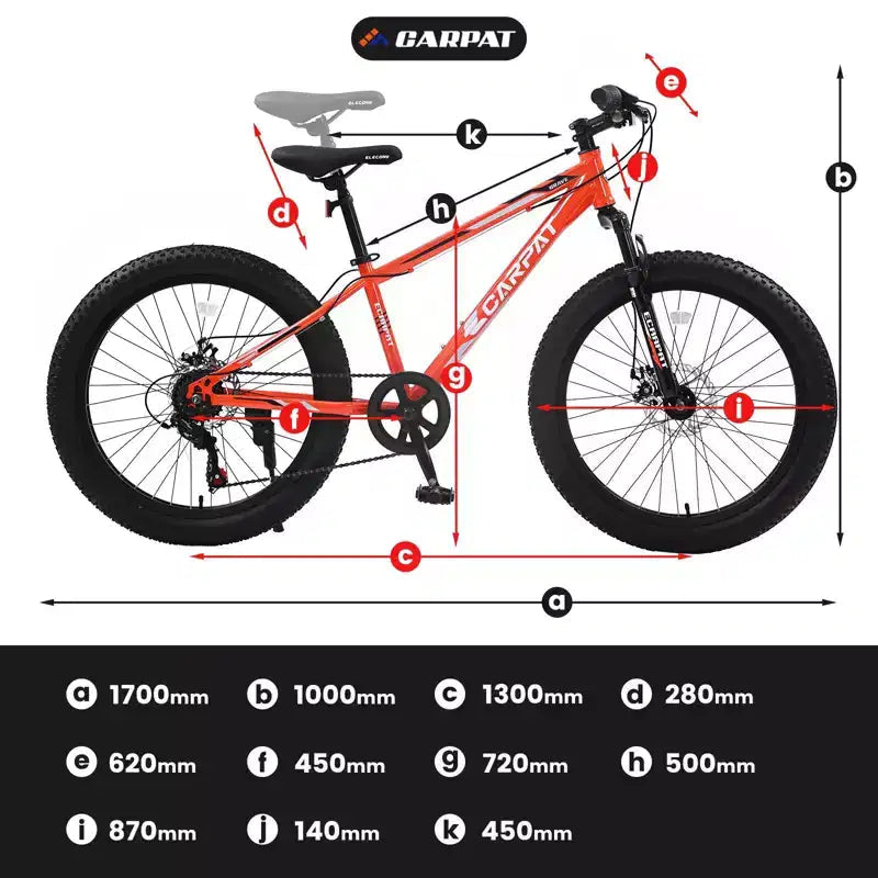 Bicicletta Okak da 24IN con pneumatici larghi e sospensione anteriore, mountain bike a 7 velocità con freno a disco e telaio in acciaio ad alto tenore di carbonio, bici da trail per gli spostamenti
