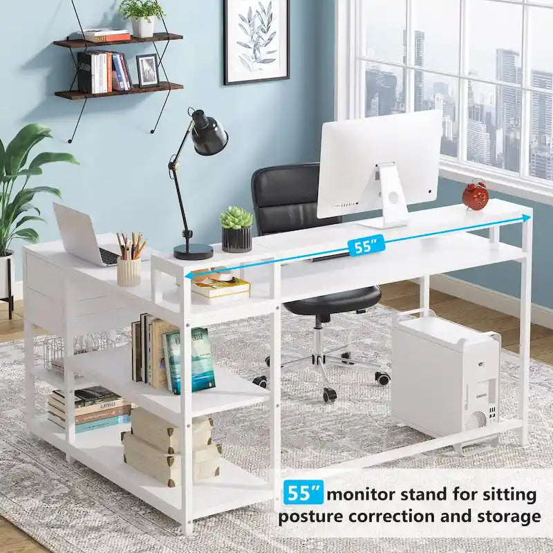 Schreibtisch in L-Form mit Schublade, Eckschreibtisch fürs Homeoffice mit Ablagefächern und Monitorständer, rustikaler PC-Schreibtisch für kleine Räume