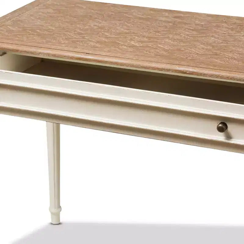 Scrittoio provenzale francese bianco e rovere, per una persona, con 1 cassetto