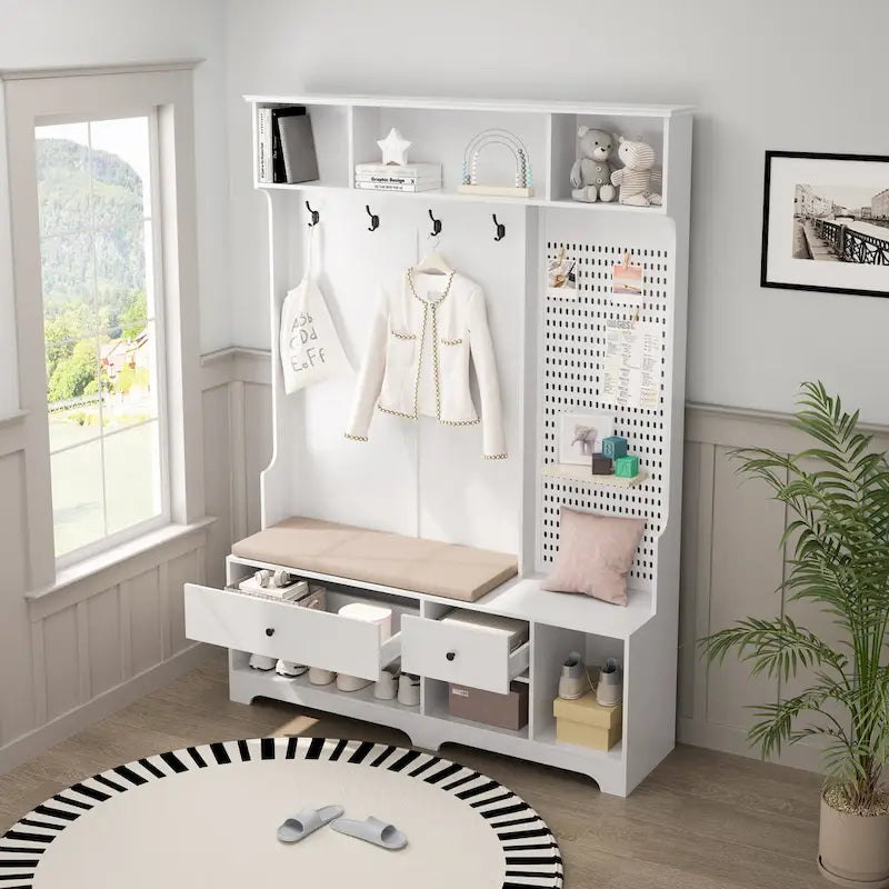 GDFStudio - Appendiabiti multifunzione Finn con panca portascarpe, pannello forato e ampio spazio contenitivo