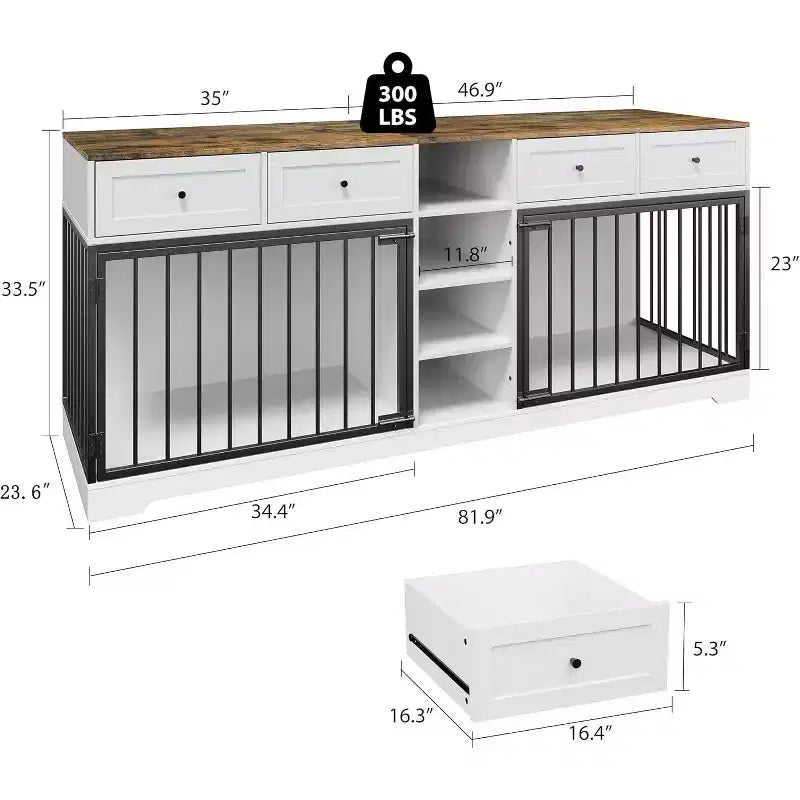 Meuble double cage pour chiens 82, grand chenil d’intérieur pour 2 chiens, cage en bois robuste faisant office de meuble TV avec 4 tiroirs et des étagères