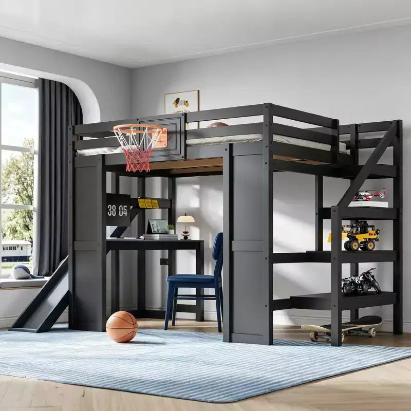 Luxystar großes Hochbett aus Holz mit Schreibtisch, Rutsche, Basketballkorb und Aufbewahrungstreppe für Kinder und Jugendliche