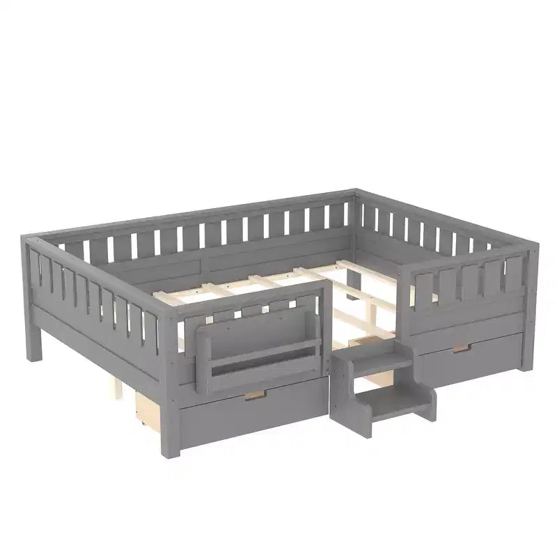 Lit pour enfant Bellemave format queen avec 14 barrières de sécurité, cadre de lit compact avec bibliothèque intégrée et 2 tiroirs de rangement sous le lit