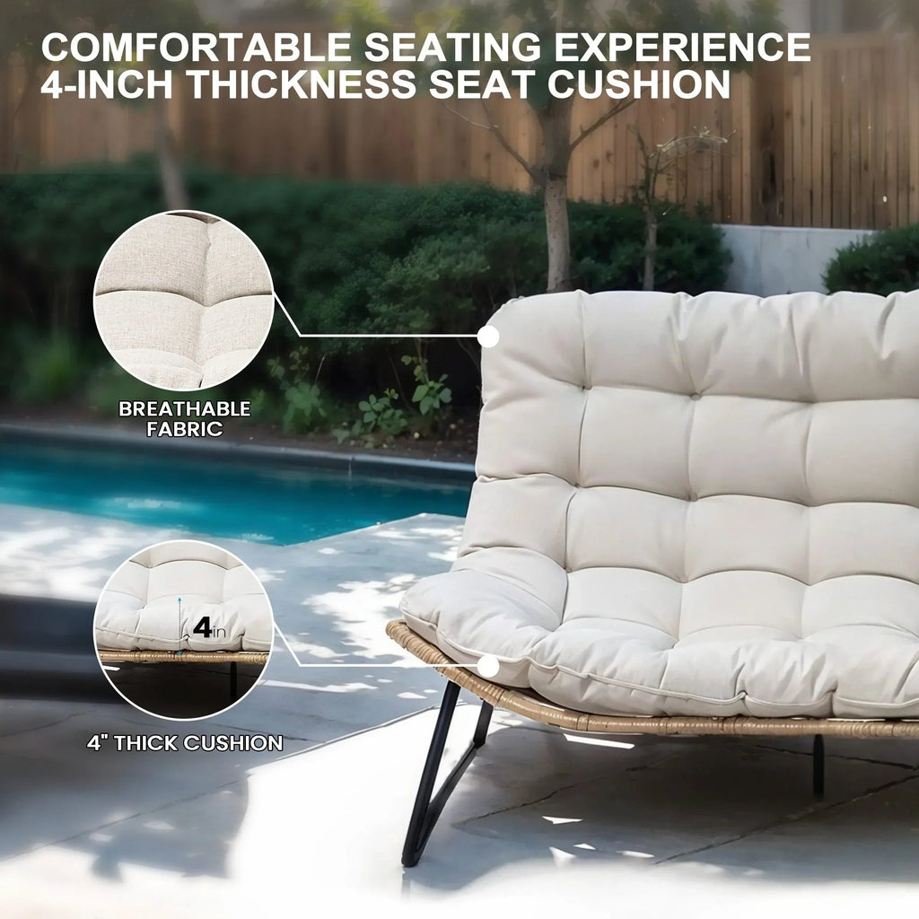 Double Papasan Chair Loveseat with Cushion, All-weather PE Rattan and Metal Frame for Indoor Outdoor