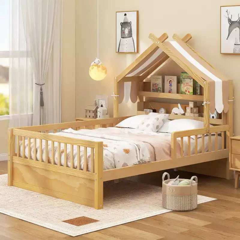 ModernLuxe houten huisbed in twin-/full-size met opbergvak in het hoofdbord, bedframe van massief grenenhout voor kinderen met veiligheidsleuningen