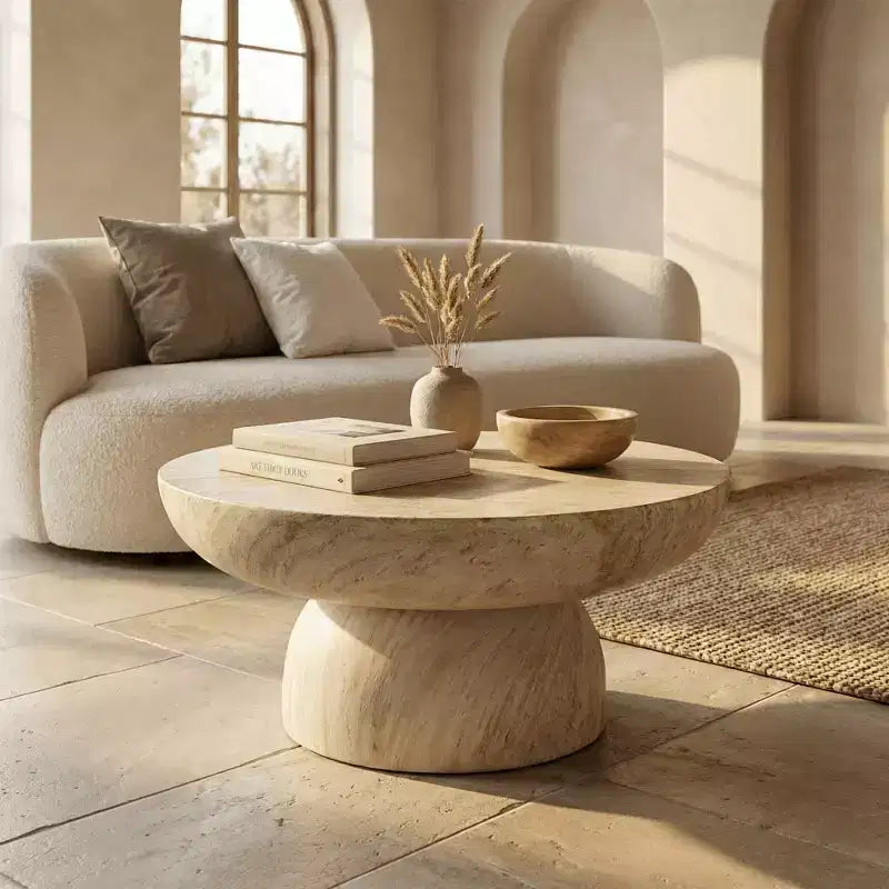 LeisureMod Lunexa runder Couchtisch, Akzenttisch mit Sockel aus Fiberstone für drinnen und draußen, skulpturales Design mit rutschfesten Fußgleitern
