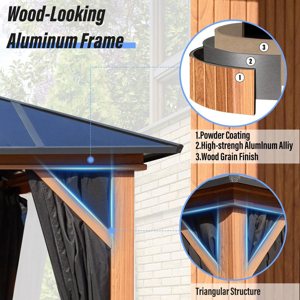 EROMMY hardtop-paviljoen, pergola voor buiten met dubbel dak, netten en gordijnen, extra stevig zonnescherm voor terras, achtertuin en zwembadfeest