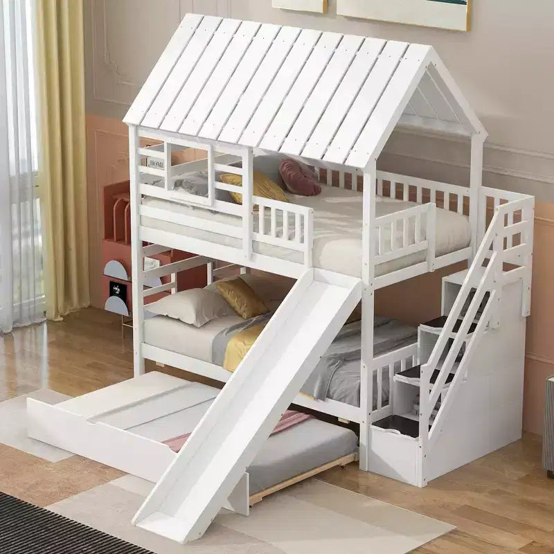 Whisen Twin over Twin House Bunk Bed with Trundle and Slide, Storage Staircase, Roof and Window Design