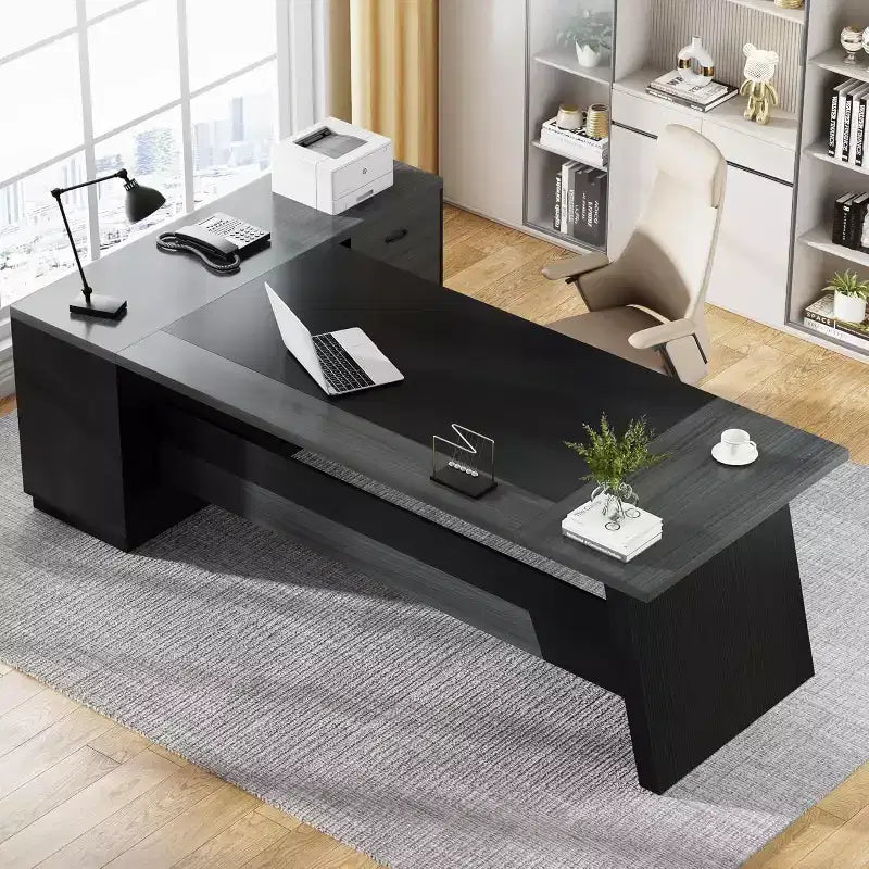 Moderner Lantine-Chefschreibtisch in L-Form, 78 L, mit Schubladen und seitlichem Aktenschrank