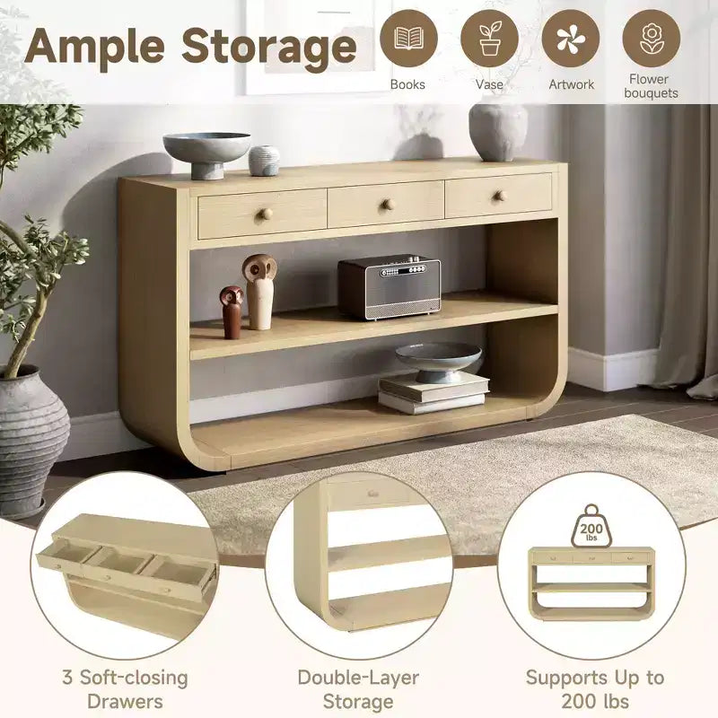 ModernLuxe gebogen sidetable, haltafel, bijzettafel naast de bank, displaystandaard en accenttafel met 3 softclose-lades en 2 open vakken