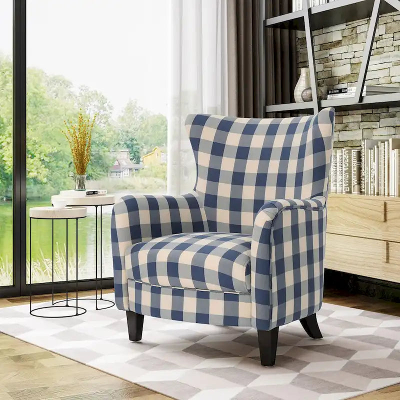 Moderne retro fauteuil met hoge rugleuning van 30.25 en houten poten voor de woonkamer
