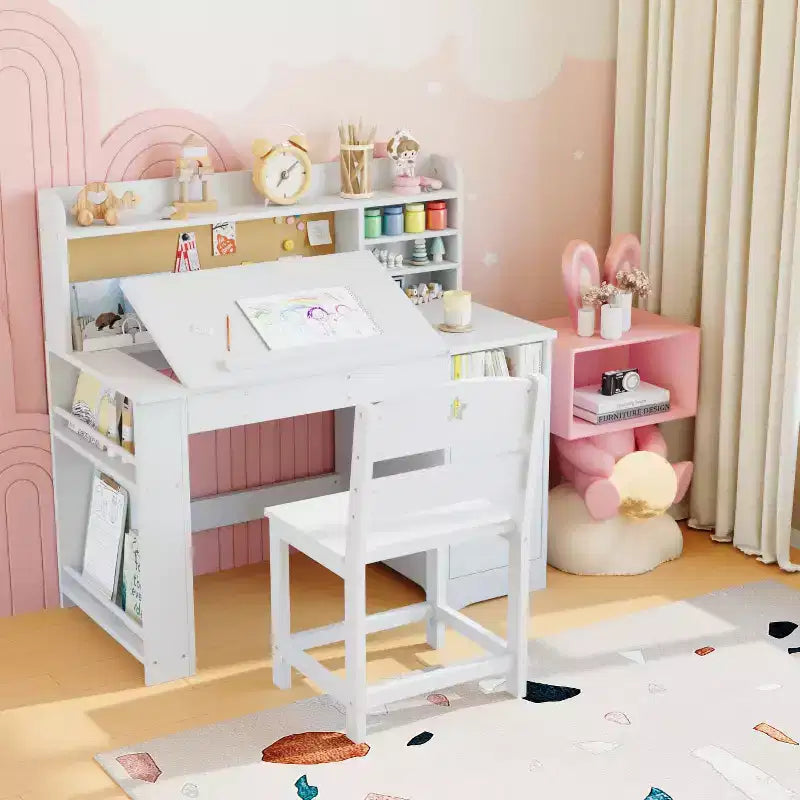 Ensemble bureau et chaise d’étude pour enfants avec rangement, bureau pour enfants avec étagère supérieure et plateau inclinable, table en bois avec meuble de rangement pour les 3-8 ans