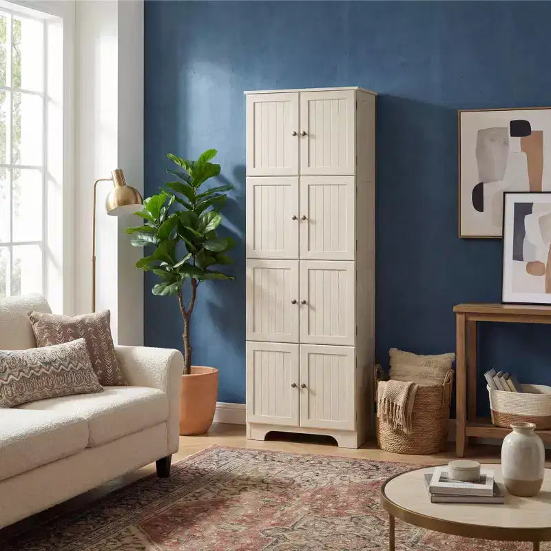 Armoire de rangement haute autoportante blanche de 72.4, avec 8 portes et 4 étagères